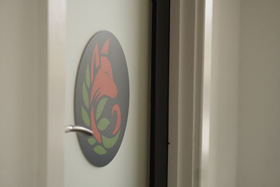 The Charnwood fox sign on the therapy room door
