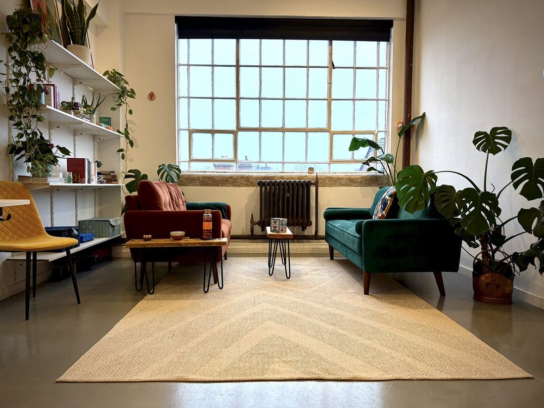 The main therapy room with sofas, plants and a large window